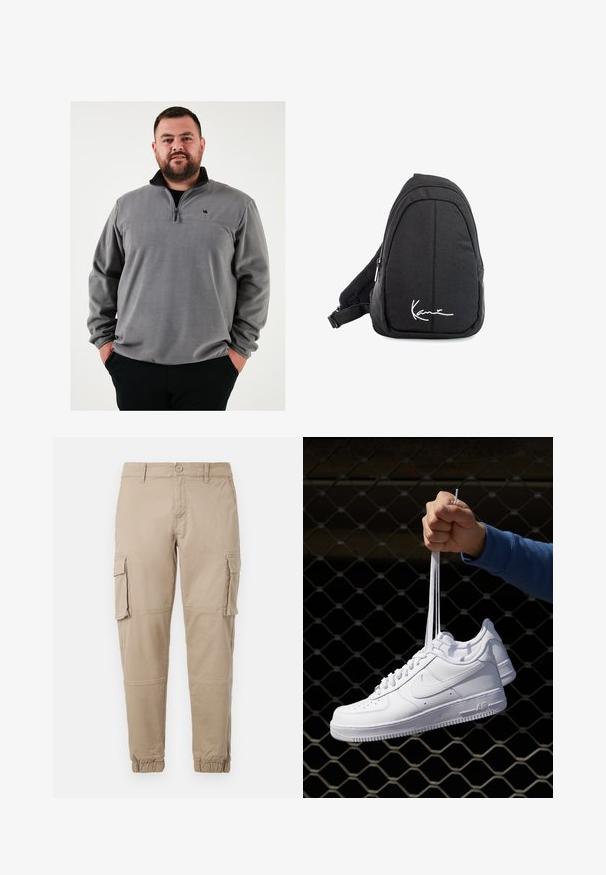 Halli hallide locakot, poolslikkab ja mustate kolkuga, mis on musta logo lehaden. Pehme tekstuur ja mugav lõige.; Must must T-särk, millel on lõtv lõige, ümmargune kaelus ja lühikesed varrukad. Rinnal on valge teksti logo ja hemil oranž silt.; Beežid cargo-püksid kergest puuvillaste materjalist. Omab elastseid varrukatükke, mitmeid külgpocket'ite ja nööbiga sulgemist.; Valged nahast tennisetossud, millel on perforatsioonid, ümar nina, lame tallus ja paksud nöörid, nähtava swooshi logoga ja "AIR" kontsadel.; Mustmust kangas õlakott sujuva tekstuuriga, millel on kaarduv disain, tõmblukuga sektsioon ja valge logo esiküljel.