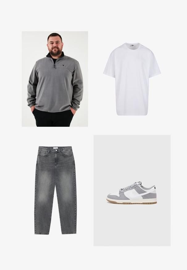 Siv pulover iz flisa s pol zadrgo, ki ima črn ovratnik in majhen logotip na prsih. Mehka tekstura in sproščen kroj.; Bela bombažna majica s kratkimi rokavi, okroglim izrezom, sproščenim krojem in brez vidnih logotipov ali vzorcev. Gladka tekstura in minimalen dizajn.; Visoko pasovi, široke kavbojke iz obledelog črnega denima. Imajo pet žepov, zanke za pas in čisto, ravno obliko nog. ; Sive in bele teniske s suknim in usnjem zgornjim delom, zaobljenim nosom, ravnimi vezalkami in gumijastim podplatom z dodatkom gumijaste barve.