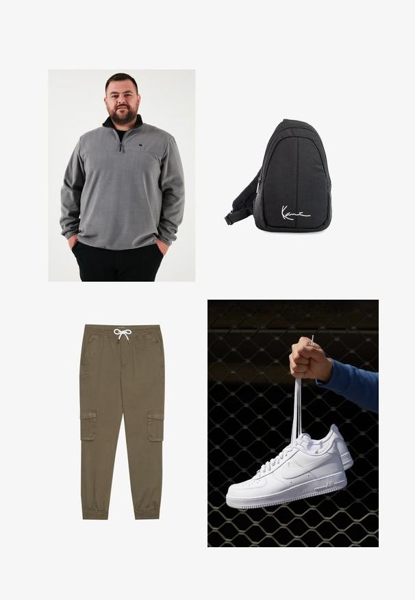 Pelēks siltā vilnas puloveris ar pusizliektu rāvējslēdzēju, kam ir melna apkakle un mazs logo uz krūtīm. Mīksta tekstūra un brīva piegriezuma.; Kaki kravas bikses ar elastīgu jostu un auklu, ar sānu kabatām un piegrieztiem potīšu galiem. Izgatavotas no teksturēta, viegla materiāla.; Baltas ādas sporta apavi ar perforācijām, apaļu purngali, plakanu zoli un biezām šņorēm, ar redzamu swoosh logo un vārdu "AIR" uz papēža.; Melnas auduma siksnu mugursoma ar gludu tekstūru, ar izliekta dizaina, ar rāvējslēdzēju, un uz priekšu ir balts logo.