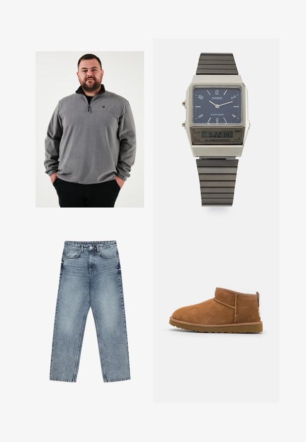 Pull-over en polaire gris avec une demi-fermeture éclair, présentant un col noir et un petit logo sur la poitrine. Texture douce et coupe décontractée.; Jean en denim bleu clair avec une coupe droite, couture visible, design à cinq poches et fermeture à bouton à la taille.; Bottine en suède beige avec un bout rond, des détails de couture subtils et une semelle en caoutchouc texturée. Hauteur courte sans lacets.; Montre numérique Casio avec un cadran bleu, un boîtier en acier inoxydable et un bracelet en caoutchouc noir à couches. Affiche l'heure et les réglages de l'alarme. Résistante à l'eau.