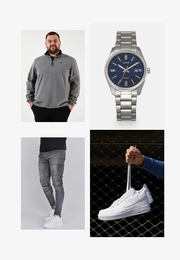 Pulover gri din fleece cu fermoar pe jumătate, având un guler negru și un mic logo pe piept. Textură moale și croială lejeră.; Blugi skinny din denim gri estompat, cu detalii uzate la genunchi, asortați cu adidași albi. Textură netedă, design slim fit.; Adidași albaștri din piele cu perforații, vârf rotund, talpă plată și șireturi groase, cu un logo swoosh vizibil și cu inscripția "AIR" pe toc.; Ceas de mână din oțel inoxidabil argintiu cu un cadran albastru marin, marcaje orare metalice și o fereastră pentru dată la ora 3. Rezistent la apă până la 50 de metri.