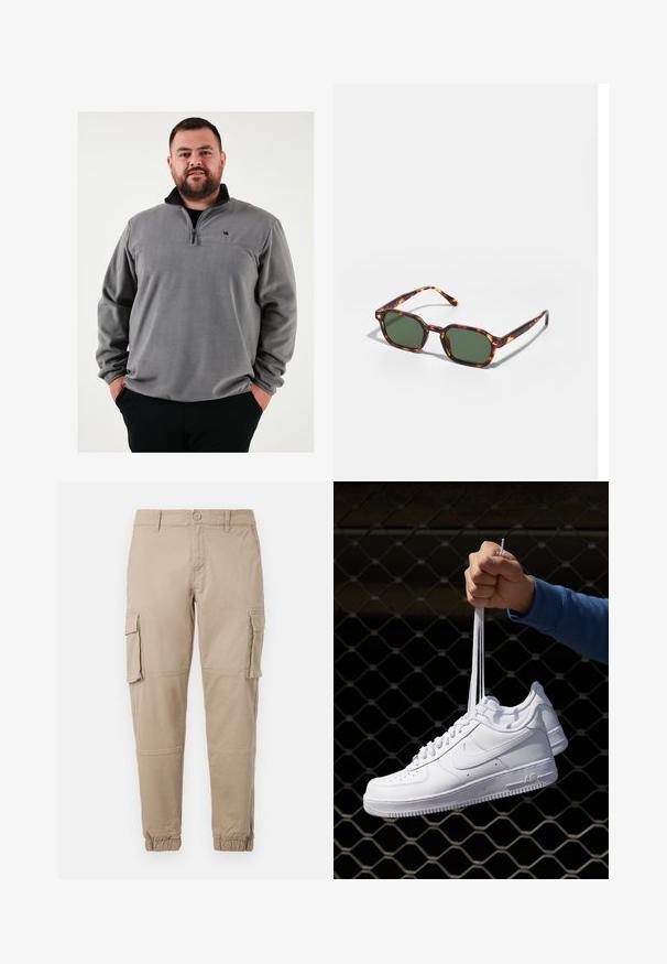 Sudadera de forro polar gris con media cremallera, con un cuello negro y un pequeño logo en el pecho. Textura suave y corte relajado.; Pantalones cargo beige de un material de algodón ligero. Presenta puños elásticos, múltiples bolsillos laterales y un cierre de botón.; Zapatillas de cuero blanco con perforaciones, punta redonda, suela plana y cordones gruesos, con un logo de swoosh visible y "AIR" en el talón.; Gafas de sol carey con lentes verdes, de forma octagonal y con patillas delgadas y curvas. El material tiene un acabado brillante.