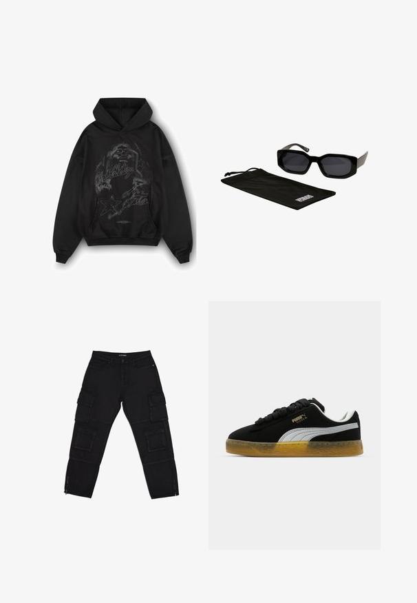 Felpa nera in cotone con vestibilità comoda, caratterizzata da una grande stampa grafica di un volto e stelle sulla parte anteriore. Include una tasca a marsupio.; Pantaloni cargo neri realizzati in tessuto resistente, con molteplici tasche cargo, caviglie con zip e gambe diritte con dettagli di cucitura discreti.; Sneaker in suede nero con striscia laterale bianca e logo dorato. Presenta una suola in gomma con un motivo testurizzato. I lacci sono neri e piatti.; Occhiali da sole neri con montatura grande e angolare e lenti scure, accompagnati da una custodia in microfibra nera con un logo.