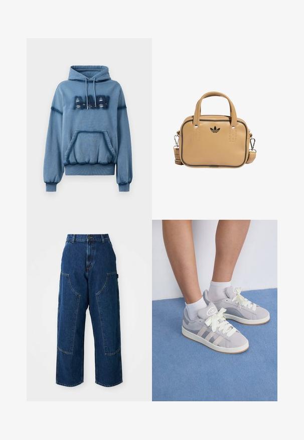 Felpa blu realizzata in tessuto morbido, con tasca frontale, cappuccio con cordino, polsini a coste e scritte vintage. Vestibilità comoda con orlo elastico.; Jeans a gamba larga in denim scuro con vita alta, caratterizzati da ampie tasche frontali e cuciture a contrasto. Il tessuto ha una leggera texture.; Sneaker in suede grigio con lacci bianchi e suola in gomma, dotate di tre strisce diagonali sul lato e un'etichetta con logo sulla linguetta.; Borsa in ecopelle color tan con due manici, tracolla removibile, cuciture nere a contrasto e un piccolo logo nero sul davanti.