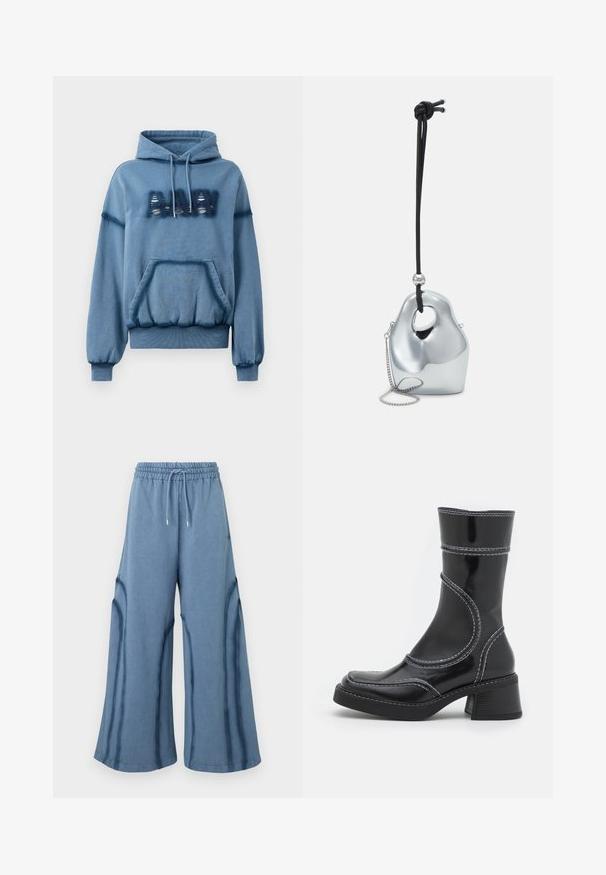 Felpa blu realizzata in tessuto morbido, con tasca frontale, cappuccio con cordino, polsini a coste e scritte vintage. Vestibilità comoda con orlo elastico.; Pantaloni larghi blu con cintura elastica e cordoncino, caratterizzati da dettagli delle cuciture lungo le gambe.; Stivale alla caviglia in pelle verniciata nera con cuciture bianche, punta arrotondata e tacco a blocco. Presenta linee di design curve e una texture liscia.; Borsa a mano metallica argento con una forma unica, liscia e organica. Presenta una tracolla in corda nera e una piccola catena per opzioni di trasporto versatili.