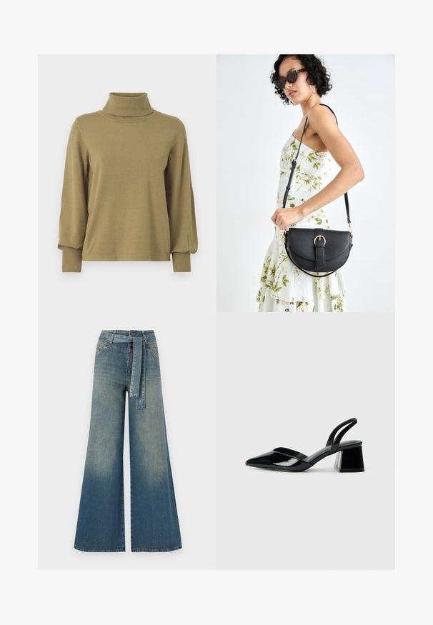 VILA VIAMANDA TURTLE NECK - Pulóver - gothic olive; Bőszárú farmernadrág, világos és sötétkék árnyalatokkal, magas derekú, övgyűrűkkel és a nadrággal megegyező anyagú övvel. Textúrált farmer kivitel.; Fekete lakk bőr szandálkés magas sarkú cipő, hegyes orral és geometrikus tömbsarkakkal. Karcsú, minimalista dizájn és sima textúra jellemzi.; Fekete bőrtáska ívelt formával, levehető pánttal és arany színű fémrészekkel. A táskán egy csattal díszített fedél található.