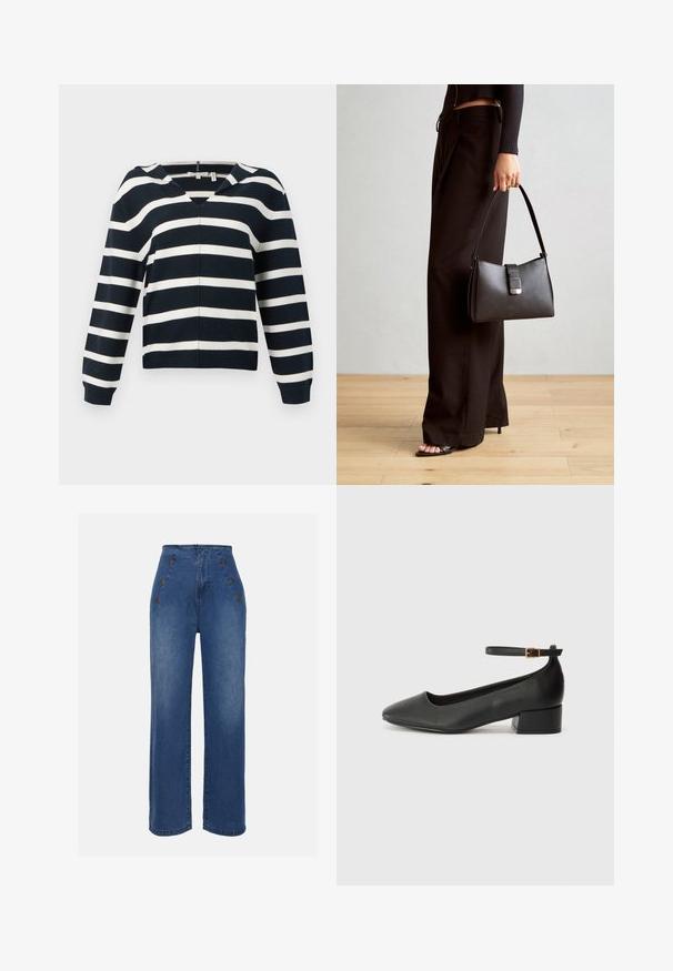 Tamsiai mėlynas ir baltas dryžuotas megztinis, V formos iškirpte, ilgomis rankovėmis, pagamintas iš minkštos medžiagos, turintis šiek tiek laisvą siluetą ir gumytėmis aptrauktus rankogalius.; Aukštos liemens džinsai, vidutinio mėlynumo. Yra priekiniai mygtukų akcentai ir plati kojų forma. Audinys turi lygią tekstūrą su lengvu apdailos nusidėvėjimu.; Juodas odinis aukštakulnis batelis su smailiu pirštu ir žemu bloku. Su kulkšnies dirželiu su auksinės spalvos sagtimi. Lygus paviršius.; Juodas rankinė struktūrizuota forma, lygi tekstūra ir metalinis užsegimas. Suporuota su plačiomis juodomis kelnėmis ir atvirais bateliais ant medinių grindų.