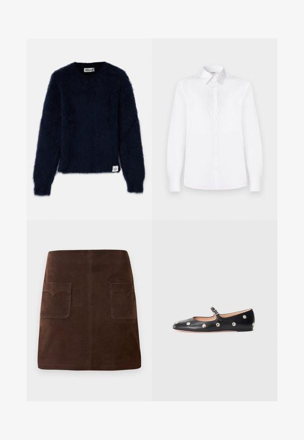 Marineblauwe sweater met een pluizige textuur, ronde halslijn en lange mouwen. Heeft een label in de linkerbenedenhoek.; Witte lange mouwen shirt van soepel stof, met een kraaglijn en een knoopsluiting met lichtroze knopen.; Bruin suède rok met een klassieke A-lijn vorm, twee voorzakken met ronde kleppen en subtiele stikdetails.; Zwarte leren Mary Jane ballerina met een ronde neus, voorzien van zilveren ronde studs en een verstelbaar bandje met een gesp.