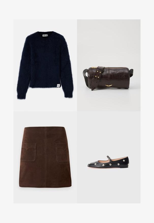 Navy blue sweater with a fluffy texture, round neckline, and long sleeves. Features a label at the bottom left corner.; Brown suede skirt featuring a classic A-line shape, two front pockets with rounded flaps, and subtle stitching details.; Black leather Mary Jane flat shoe with a rounded toe, featuring silver circular studs and an adjustable strap with a buckle.; Brown crocodile-embossed leather bag with a cylindrical shape, gold-tone hardware, and a detachable strap featuring studs.