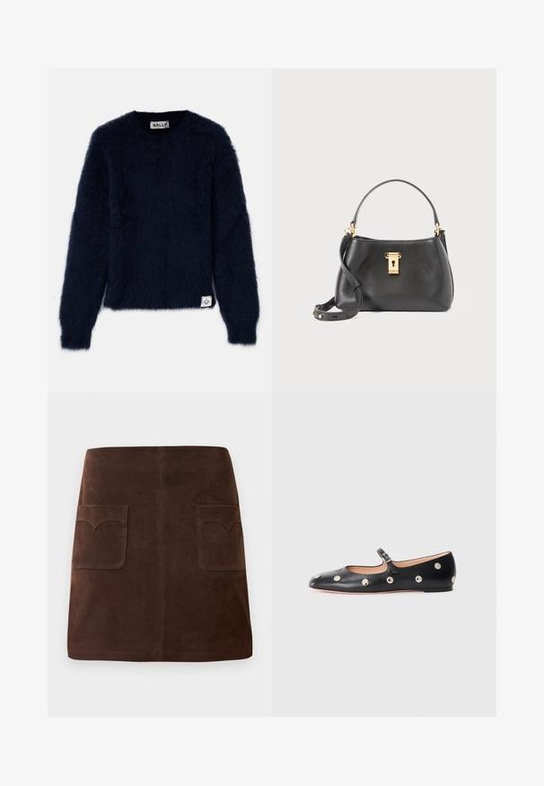 Pull en bleu marine avec une texture moelleuse, col rond et manches longues. Présente une étiquette dans le coin inférieur gauche.; Jupe en suède marron présentant une silhouette A-line classique, deux poches avant avec des rabats arrondis et des détails de couture discrets.; Chaussure plate en cuir noir type Mary Jane avec un bout arrondi, ornée de clous ronds en argent et dotée d'une sangle réglable avec une boucle.; Sac à main en cuir noir avec une finition texturée, présentant une fermeture à verrou doré, une courte poignée et une bandoulière détachable.