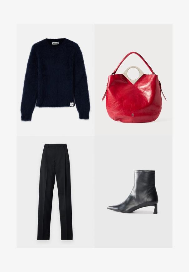 Pull en bleu marine avec une texture moelleuse, col rond et manches longues. Présente une étiquette dans le coin inférieur gauche.; Pantalon noir en tissu lisse avec taille haute, jambes larges, plis à l'avant et passants de ceinture classiques. Pas de poches latérales visibles.; Bottine en cuir noir avec un bout pointu et un design épuré. Présente un petit talon et une fermeture éclair à l'arrière. Texture lisse.; Sac à main en cuir rouge avec une finition texturée, anse ronde en haut et accent en métal argenté de forme circulaire près de l'ouverture, présentant un design souple.