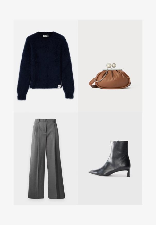 Námořnický modrý svetr s nadýchanou texturou, kulatým výstřihem a dlouhými rukávy. Ve spodním levém rohu se nachází štítek.; Šedé kalhoty s širokými nohavicemi vyrobené z texturované látky s jemným vzorem. Hodí se s předními sklady a pasem s poutky na pásek.; Černé kožené kotníkové boty s špičatou špičkou a elegantním designem. Mají nízký podpatek a zipové zapínání na zadní straně. Hladká textura.; Hnědá kožená psaníčko s stříbrným kulatým uzávěrem a malým stříbrným řetízkem na bílém pozadí.