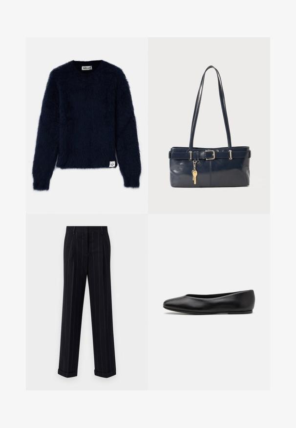 Marineblauer Pullover mit flauschiger Textur, rundem Ausschnitt und langen Ärmeln. Verfügt über ein Etikett in der unteren linken Ecke.; Schwarz gestreifte Hose mit tailliertem Schnitt, mit einem umgeschlagenen Saum und vorderen Falten. Hergestellt aus glattem Stoff mit einer strukturierten Gestaltung.; Paul Smith TOPANGA - Klassischer Ballerina - black; Marineblaue Lederhandtasche mit zwei langen Griffen, einer Schnallen-Detailierung und einem daran befestigten Schlüsselanhänger. Besitzt eine glatte Textur und eine rechteckige Form.