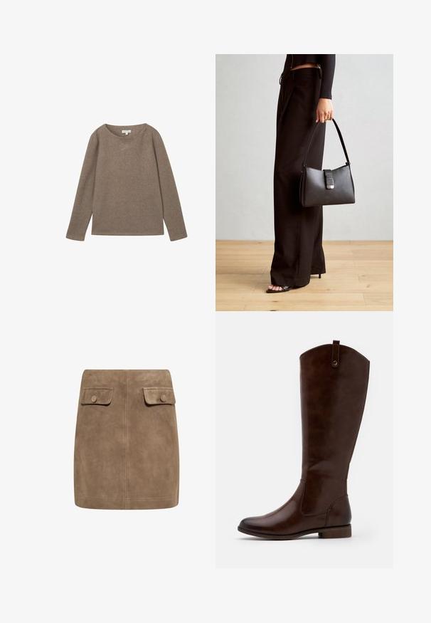 TOM TAILOR GERIPPTES - Strickpullover - cashew beige melange; Brauner Langarm-Top mit weitem Ausschnitt und Knoten-Detail auf einer Seite, aus weichem, strukturiertem Stoff.; Brauner Wildleder-Minirock mit glatter Textur, ausgestattet mit zwei vorderen Klappentaschen und Druckknopfverschlüssen an beiden Seiten. Schlichtes, gerades Design.; Braune kniehohe Stiefel aus glattem Leder, mit runder Zehenform, niedrigem Blockabsatz und einem dezente Stichmuster an den Seiten.; Schwarze Handtasche mit strukturierter Form, glatter Textur und einem metallischen Verschluss. Kombiniert mit weiten schwarzen Hosen und offenen Sandalen auf einem Holzboden.