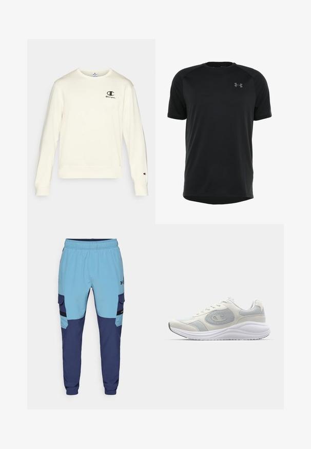 Crème-kleurige sweatshirt van katoen met lange mouwen, geribde manchetten en een klein zwart Champion-logo op de linkerborst.; Zwart sportshirt met korte mouwen, gemaakt van glad, lichtgewicht stof. Heeft een ronde halslijn en een discrete logo op de borst.; Blauwe en marineblauwe sweatpants met een elastische tailleband, zijzakken en cargostijl accenten. Gemaakt van zachte, ademende stof.; Witte sportieve schoen met lichtgrijze accenten, gemaakt van mesh en suède materialen, ronde neus, getextureerde zool en zichtbaar merklogo aan de zijkant.