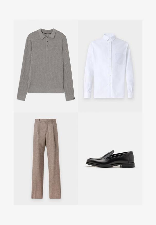 Harmaa ribbiketju, jossa on pitkät hihat, kauluksellinen pääntie ja nappilista. Ominaisuuksiin kuuluu teksturoitu pinta ja kontrastiväriset hihansuut.; Valkoinen pitkähihaista napillista paitaa, joka on valmistettu puuvillasta. Paita sisältää rinnan kohdalla taskun, jossa on samaa sävyä oleva brodeeraus, kauluksen sekä napilliset hihansuut.; Ruskejat, korkeavyötäröiset housut, jotka on valmistettu teksturoidusta kankaasta. Ominaisuuksina ovat leveät lahkeet ja kaksi etupuolelle ommeltua laskosta rakenteen tukemiseksi. Siisti viimeistely ilman näkyvää metalliosaa.; Mustat nahkakengät, joissa on sileä pinta, pyöreä kärki ja koristeellinen nauha jalkapöydän yli. Matala pinoitu koroke, minimalistinen muotoilu.