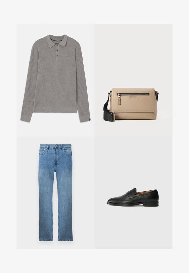 Harmaa ribbiketju, jossa on pitkät hihat, kauluksellinen pääntie ja nappilista. Ominaisuuksiin kuuluu teksturoitu pinta ja kontrastiväriset hihansuut.; Vaaleansiniset farkut suoran leikkauksen kanssa, viisi taskua, vetoketjukiinnitys ja erottuva ommel. Kangas on sileä ja teksturoitu.; Musta nahkainen loafer, jossa on pyöreä kärki, hienovarainen ommelkoristelu ja matala korko, joka on varustettu sileällä pinnalla ja minimalistisella designilla.; Beige nahkainen olkatasku, jossa on teksturoitu pinta, etupuolella vetoketjullinen tasku ja säädettävä musta hihna. Logo näkyvillä edessä.