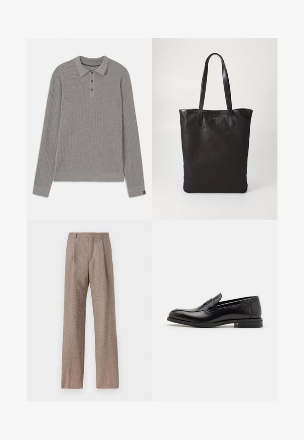 Pull en gris à côtes avec manches longues, un col et une patte de boutonnage. Présente une finition texturée et des accents contrastants au niveau des poignets.; Pantalons marron taille haute en tissu texturé. Présente des jambes larges et deux plis avant pour la structure. Finition soignée sans matériel visible.; Mocassins en cuir noir avec une texture lisse, bout rond et une sangle décorative sur le dessus. Talon bas empilé, design minimaliste.; Sac fourre-tout en toile noire avec des poignées en cuir noir. Design simple, corps spacieux et texture lisse. Pas de logos ou motifs visibles.