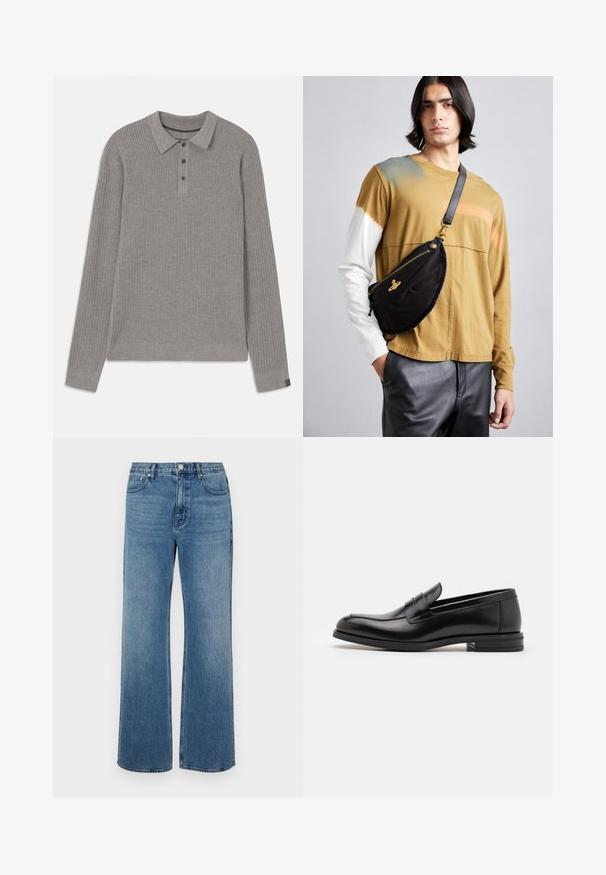 Pull en gris à côtes avec manches longues, un col et une patte de boutonnage. Présente une finition texturée et des accents contrastants au niveau des poignets.; Jean bleu à jambes larges en denim avec une finition délavée. Comprend cinq poches, une fermeture à bouton à l'avant et une coupe droite.; Mocassins en cuir noir avec une texture lisse, bout rond et une sangle décorative sur le dessus. Talon bas empilé, design minimaliste.; Vivienne Westwood CITY BUMBAG UNISEX - Sac banane - black