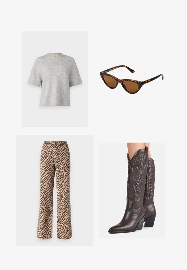 Gina Tricot Strikkegenser - grey; Bredde bukser med tigerstripe-mønster i nyanser av brun og svart, med standard midje og fem lommer.; Brune skinncowboystøvler med spiss tå og blokkhelt, med detaljerte sømmer og hevede detaljer på skaftet.; Kattøye solbriller med en svart og oransje skjellramme, brune linser og elegante, spisse tupper. Har en minimalistisk logo på stangen.; Svart hobo-bag laget av glatt, læraktig materiale med et tvistet håndtak, som har en myk, avrundet form og en glidelås lukking på toppen.