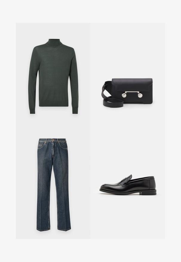 Tamsiai žalia golfas, pagamintas iš minkštos, lengvos medžiagos. Turi ilgomis rankovėmis ir prigludusią konstrukciją su pasirinktinėmis raukinio detalėmis ant rankovių ir apykaklės.; Tamsiai mėlynos tiesios kojos džinsai su priekiniais mygtukais, užtrauktuku, dviem priekinėmis kišenėmis ir matomomis vertikaliomis raukšlėmis nuo kelnių šonų.; Juodos odinės loafers, turinčios lygų paviršių, apvalią noselę ir dekoratyvinę juostą per priekinę dalį. Žemas krentantis kulnas, minimalistinis dizainas.; Juodas odinis kryžminis krepšys su sklendės uždarymu, sidabro spalvos detalėmis ir dviem apvaliais akcentais. Yra nusiimamas diržas. Lygus paviršius.