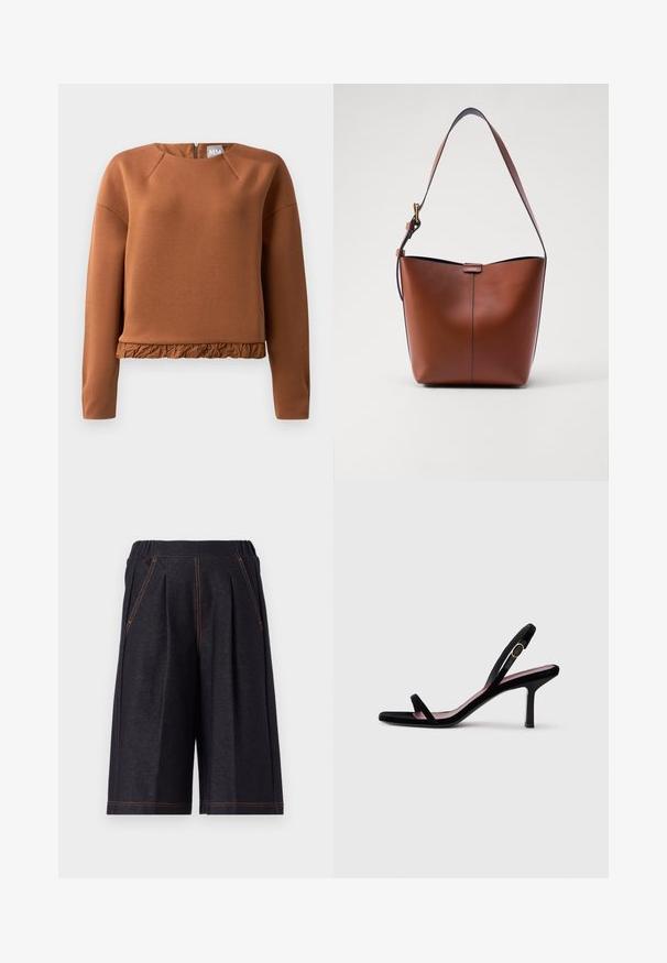 Brūns puloveris ar apaļu kaklu, garām piedurknēm un krokotu apakšmalu. Izgatavots no gludas auduma ar maigu spīdumu un ar rāvējslēdzēju aizmugurē.; Tumši pelēki šorti, izgatavoti no mīkstas auduma, ar krokām un oranžām šuvēm. Elastīga josta ērtībai, līdz ceļiem garuma dizains.; Melna zamšaina sieviešu augstpapēžu sandaļi ar šaurām siksnām un zeltītu sprādzi uz baltā fona, sānu skats.; Brūna ādas plecu soma ar izliekta formu, gludu tekstūru un vienu plānu siksnu. Iekļauj subtilu šuvumu un mazu logotipa detaļu.