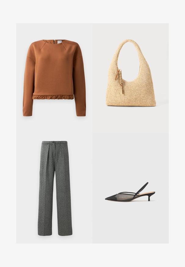 Pulover dintr-un material maroniu, cu guler rotund, maneci lungi și o margine volanată. Fabricat dintr-un material neted, cu o ușoară strălucire, și are un închizător cu fermoar la spate.; Pantaloni gri cu talie înaltă, evazați, cu pliseuri frontale, închidere cu buton și un finisaj din țesătură texturată.; NEOUS IRENA - Pantofi clasici cu toc - black; Geantă țesută bej cu un mâner curbat, suprafață texturată și un detaliu de franjuri maroniu. Prezintă o formă moale, de tip hobo.