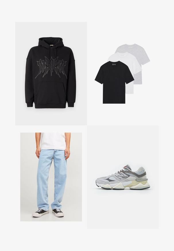 Felpa con cappuccio nera in cotone misto, caratterizzata da una grande grafica in strass sul davanti e una tasca a marsupio. Tessuto morbido.; Set di tre t-shirt base in nero, bianco e grigio chiaro. Maniche corte, colletto rotondo, realizzate in cotone morbido. Logo del marchio visibile.; Jeans in denim azzurro chiaro con vestibilità comoda, caratterizzati da un design a gamba dritta e cuciture standard, abbinati a sneaker nere.; Sneaker grigio in suede e rete con una spessa soletta bianca e beige, caratterizzata da un logo bianco prominente e dettagli in rosso.