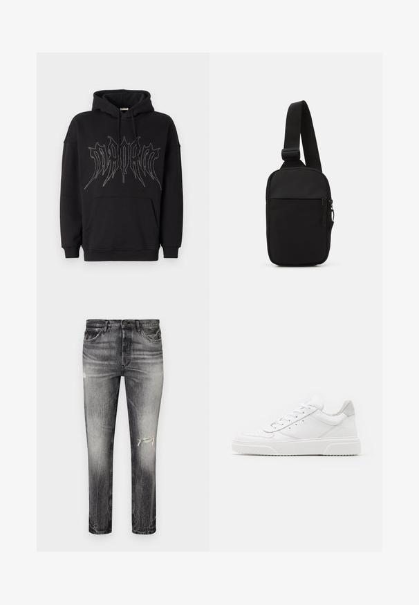 Czarna bluza z kapturem wykonana z mieszanki bawełny, z dużą grafiką z kamieniami ozdobnymi z przodu oraz kieszenią kangurką. Miękka w dotyku.; Zjawiskowe czarne dżinsy o prostym kroju, z wyblakłymi miejscami, kieszeniami z przodu i klasycznym zapięciem na guzik.; Białe skórzane trampki o gładkim wykończeniu, zaokrąglonym nosku, płaskich sznurówkach i teksturowanej podeszwie. Szary zamszowy akcent na pięcie.; Czarna torba na ramię wykonana z wytrzymałego materiału, z jedną regulowaną rączką, zasuwaną główną komorą oraz kieszenią z przodu.