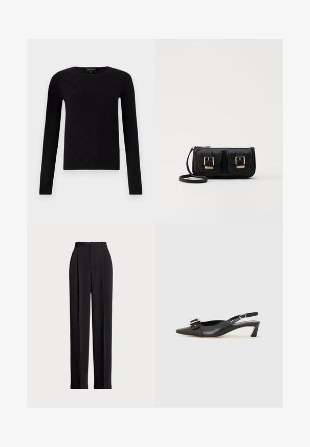 Fekete, hosszú ujjú felső textúrált négyzetmintázattal. Kerek nyakkivágású és testhez simuló fazon, puha anyagból készült.; Fekete, testre szabott nadrág magas derékkal, elöl redőkkel, egyenes láblineáris kialakítással és halkézével. Sima anyagból készült.; Fekete bőr szandál kis sarkú, hegyes orral, díszes csattal a felsőrészen. Simább textúra, minimalista design.; Fekete bőr keresztbody táska két elülső zsebbel, arany csattokkal, cipzáras záródással és vékony pánttal. Textúrált felület és kompakt téglalap alak.
