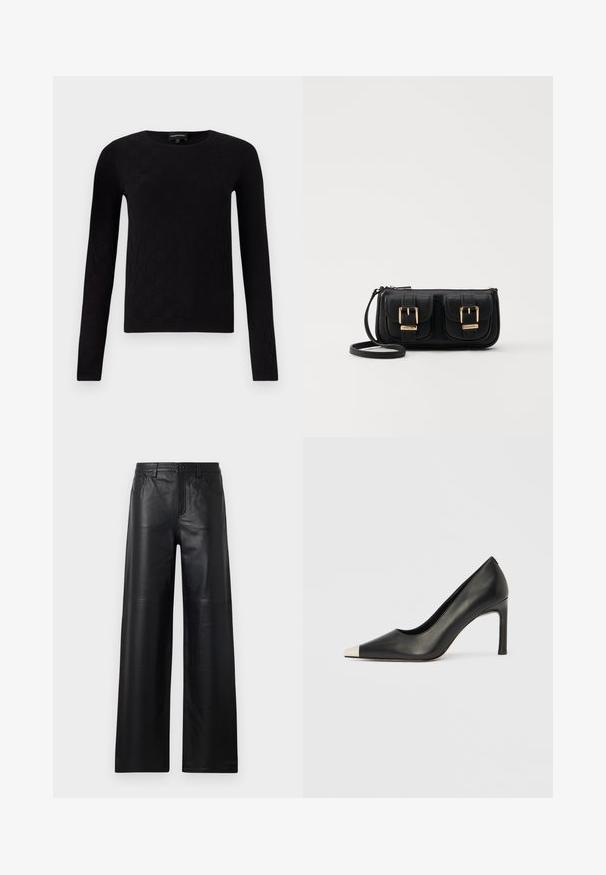 Fekete, hosszú ujjú felső textúrált négyzetmintázattal. Kerek nyakkivágású és testhez simuló fazon, puha anyagból készült.; Széles szárú fekete bőrnadrág sima textúrával, elülső zsebekkel, gombos zárással és finom varrással.; Fekete bőr magas sarkú cipő hegyes orral és fém ezüst orrtippel. Simább kivitelű, karcsú, 10 cm-es sarokkal.; Fekete bőr keresztbody táska két elülső zsebbel, arany csattokkal, cipzáras záródással és vékony pánttal. Textúrált felület és kompakt téglalap alak.
