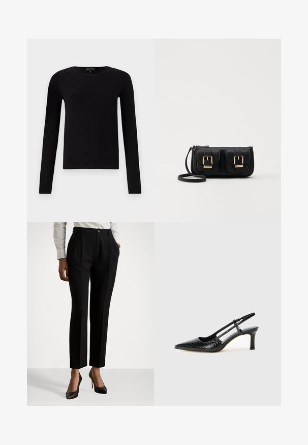 Svart långärmad tröja med ett texturerat fyrkantigt mönster. Rund halsringning och figurnära passform, tillverkad av ett mjukt material.; Svarta skräddarsydda byxor med hög midja, med veck, knappstängning och sidofickor. Tillverkade av ett mjukt tyg.; Svart lackskin slingback-häl med spetsig tå, med texturerad ormskinnsprint, justerbar rem och en kort, texturerad blockklack.; Svart läderaxelväska med två framfickor, guldspännen, dragkedjestängning och en smal rem. Texturerad yta och kompakt rektangulär form.