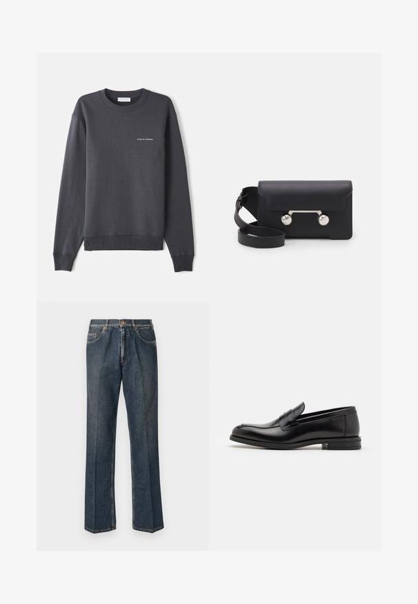 Tmavě šedá mikina vyrobená z měkké tkaniny, s dlouhými rukávy, kulatým výstřihem a malým bílým logem na hrudi.; Tmavě modré džíny rovného střihu s předním poutkem, zipem, dvojitými předními kapsami a viditelnými vertikálními záhyby na nohavicích.; Černé kožené polobotky s hladkou texturou, zaoblenou špičkou a zdobným páskem přes nárt. Nízký stohovaný podpatek, minimalistický design.; Černá kožená crossbody taška s klopovým zavíráním, stříbrným kováním a dvěma kulatými detaily. Obsahuje odnímatelný popruh. Hladká textura.