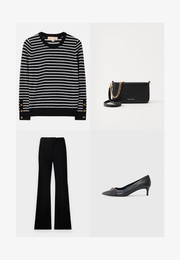 Stribet sweater i sort og hvid med rund halsudskæring, lange ærmer og guldknapdetaljer nær manchetterne. Blødt strikmateriale.; Sorte flagrende bukser med en glat tekstur, skræddersyet talje og forlommer, designet med en slank, moderne silhuet.; Spidse sorte læderpumps med en lav hæl, der har et tekstureret stykke og metalaccent foran. Glat overflade og slankt design.; Sort læder clutch med en guldkædeaccent, glat tekstur og detaljer med guldlogo. Inkluderer en justerbar rem for alsidighed.; Guldøreringe med en poleret finish, der har et tykt, cirkulært design og en sikker lukkeanordning. Glat tekstur og skinnende udseende.