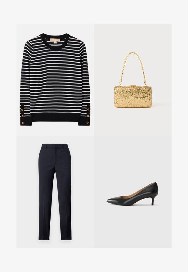 Gestreifter Pullover in Schwarz und Weiß mit rundem Ausschnitt, langen Ärmeln und goldenen Knopfdetails an den Ärmeln. Weiches Strickmaterial.; Marineblaue Tailored-Hosen mit geradem Schnitt, ausgestattet mit glattem Material, zwei frontalen Taschen und einem schlichten Bund.; Schwarzer Lederpumps mit spitzem Zehenbereich, niedrigem Absatz und glatter Textur. Verfügt über eine leichte Öffnung an der Vorderseite und minimale Beschläge an der Rückseite.; Goldene Pailletten-Clutch mit rechteckiger Form, ausgestattet mit einem gedrehten Kettenhenkel und einem Metallverschluss, der das Licht mit einer strukturierten Oberfläche reflektiert.