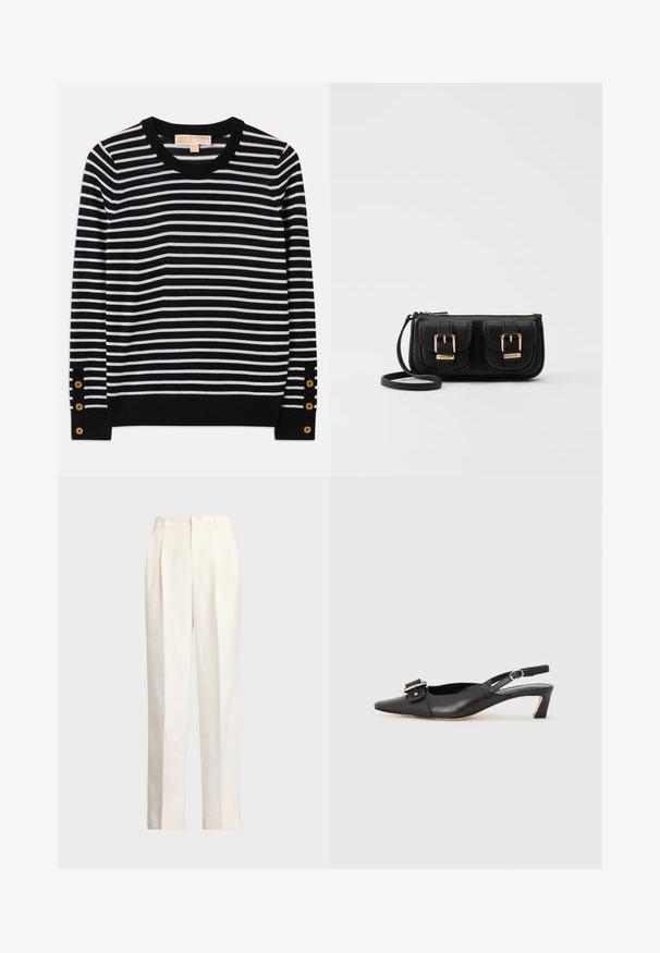 Pull en maille à rayures noires et blanches avec un col rond, des manches longues et des accents de boutons dorés près des poignets. Matière en maille douce.; Polo Ralph Lauren HEMP WIDE LEG PANT - Pantalon classique - nevis; Chaussure slingback en cuir noir avec un bout pointu, un petit talon et un détail de boucle décoratif sur le dessus. Texture lisse, design minimaliste.; Sac en cuir noir porté en travers avec deux poches avant, boucles dorées, fermeture zippée et une sangle fine. Surface texturée et forme rectangulaire compacte.
