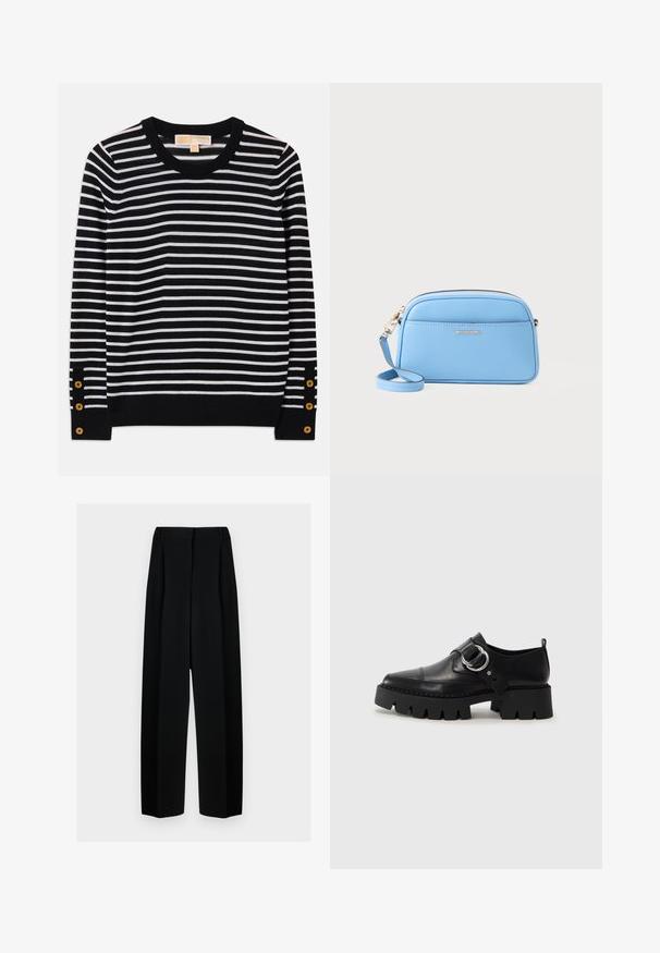Svart og hvit stripete genser med rund hals, lange ermer og gullknappdetaljer nær mansjettene. Myk strikket materiale.; Svart vide bukser med høy livhøyde, med folder og en glatt tekstur. Stoffet virker lett og faller elegant.; Sorte læringssko med en kraftig ribbet såle, som har en sirkulær sølvfarget detalj og minimal sømdekorasjon.; Lys blå skinn crossover-veske med gulltonet detaljer, glidelås lukking og en frontlomme. Har justerbar stropp for ekstra bekvemmelighet.