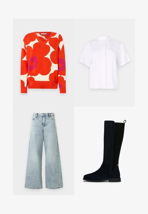 Pulover cu gât în V, prezentând modele florale îndrăznețe în culorile roșu, alb și purpuriu. Fabricat din țesătură tricotată cu mânici și tiv ondulate.; Cămașă albă cu mânecă scurtă, realizată dintr-un material neted, având un guler ascuțit și un plastron cu nasturi, cu un nasture de accent verde.; Jeans din denim de culoare albastru deschis, cu croi larg și talie înaltă, având închidere cu buton, cinci buzunare și detalii de margine destrămată.; Cizme înalte din suede negru, cu panou din elastic ribat în spate, maner de tragere, toc mic și un logo rectangular mic lângă gleznă, pe un fundal alb.
