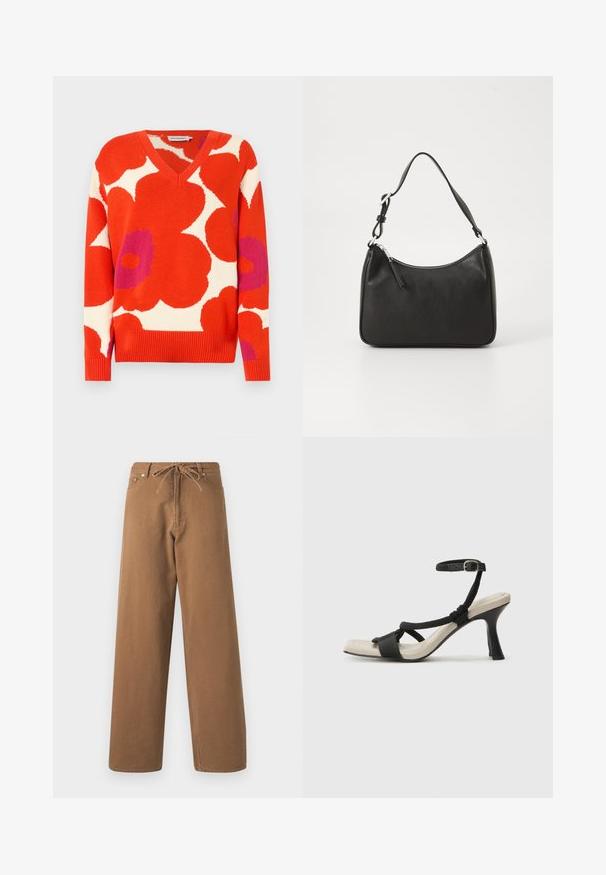 Maglione a V con audaci motivi floreali in rosso, bianco e viola. Realizzato in tessuto lavorato a maglia con polsini e orlo a coste.; Pantaloni larghi marroni in cotone, con vita elasticizzata e due tasche frontali. Tessuto strutturato con una finitura liscia.; Sandal con tacco nero e design con cinturino intrecciato, punta quadrata e cinturino alla caviglia regolabile. Soletta beige chiaro con tacco nero lucido.; Borsa a tracolla in pelle nera con forma curva, una tracolla singola, chiusura con zip e marchio discreto sul fronte. Texture liscia, design minimalista.