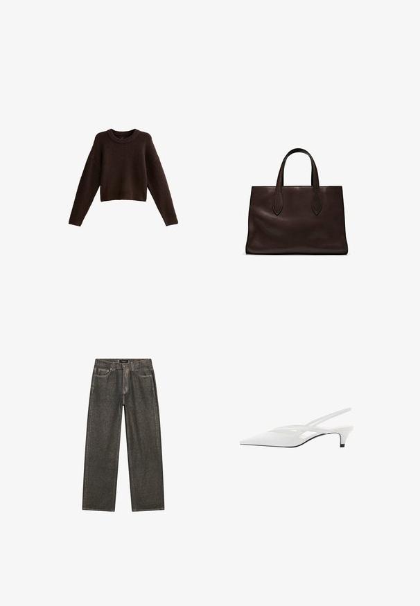 Pull marron court, en tissu texturé, encolure arrondie, épaules tombantes et manches longues. Design simple sans motifs ou accents notables.; Jean large gris foncé en denim, présentant un design classique à cinq poches, des coutures solides et une fermeture éclair avec un bouton.; Escarpin blanc à brides arrière avec un bout pointu, présentant un dessus lisse, des découpes discrètes et un petit talon bloc. La semelle noire met en valeur le design.; Sac tote en cuir marron avec deux poignées allongées, forme rectangulaire structurée, texture lisse et détails de couture subtils.