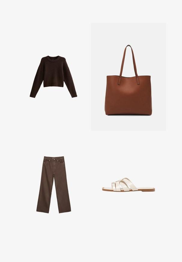 Brauner, kürz geschnittener Pullover aus strukturiertem Material, mit Rundhalsausschnitt, überschnittenen Schultern und langen Ärmeln. Einfaches Design ohne auffällige Muster oder Akzente.; Weite braune Jeans aus Denim, mit hoher Taille, Fronttaschen und klassischem Knopfverschluss. Glatte Textur mit feinen Nähten.; Flache Sandalen mit einer honigfarbenen Gummisohle, gestaltet mit drei überlappenden weißen Lederriemen und einem kleinen Schleifendetail in der Mitte.; Braune Leder-Tote mit glatter Textur, offenem Oberteil und zwei Schulterriemen. Verfügt über minimale Nähte und keine sichtbaren Beschläge.