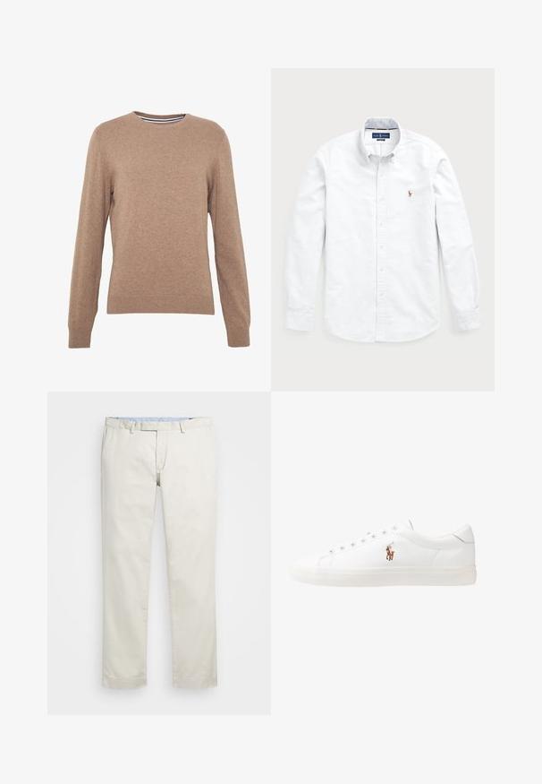 Pulover maro din țesătură tricotată, cu un guler rotund și mâneci lungi. Mansete și tiv cu model în relief, de culoare uniformă și cu o textură moale.; Cămașă albă cu mânecă lungă și nasturi, fabricată din bumbac. Are un guler deschis, închidere cu nasturi și un mic logo brodat pe piept.; Chino din bumbac bej cu față plată, bucle pentru curea și buzunare laterale. Design cu picioare drepte, textură netedă și o senzație ușoară și respirabilă.; Adidași din piele albă, design de tip low-top, cu o textură netedă, vârf rotund, față șiretată și un mic logo brodat pe lateral.