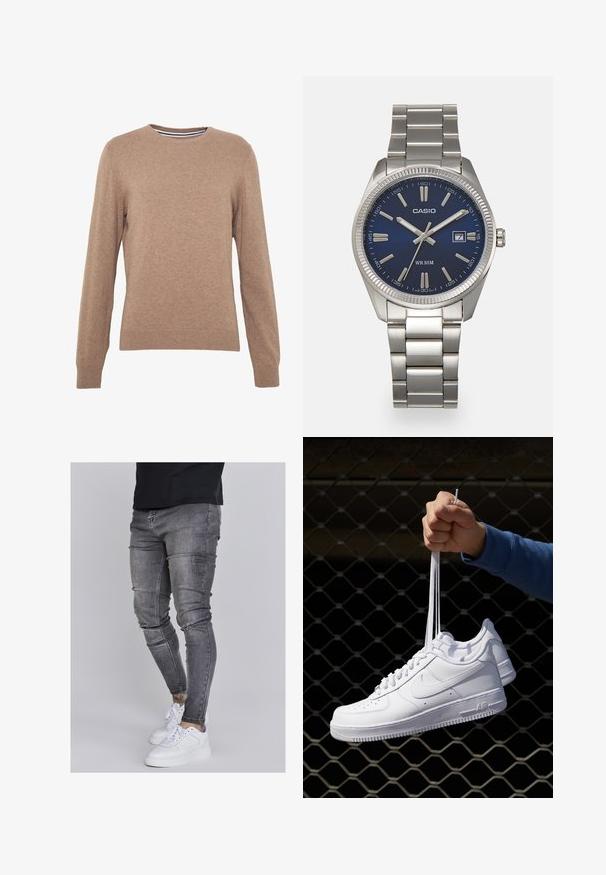 Pull marron en tissu tricoté, avec un col rond et des manches longues. Poignets et ourlet côtelés, couleur unie avec une texture douce.; Jeans skinny en denim gris délavé, présentant des détails déchirés au niveau des genoux, associés à des sneakers blanches. Texture lisse, design ajusté.; Baskets en cuir blanc avec perforations, à bout rond, semelle plate et lacets épais, arborant un logo swoosh visible et "AIR" sur le talon.; Montre-bracelet en acier inoxydable argenté avec un cadran bleu marine, des index métalliques et un affichage de la date à 3 heures. Résistante à l'eau jusqu'à 50 mètres.