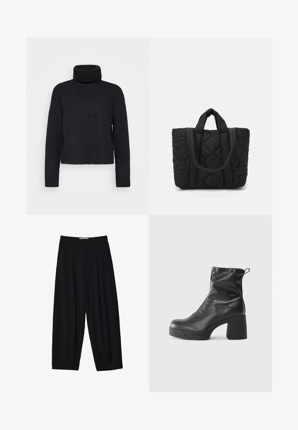 Schwarz, gerippter Strickturtleneck-Pullover mit langen Ärmeln und einer lockeren Passform. Verfügt über einen hohen, umgeschlagenen Kragen und strukturierten Stoff.; Schwarze weit geschnittene Hose aus leichtem Stoff, mit vorderen Falten, klassischem Bund und seitlichen Taschen. Angenehme Struktur.; Schwarze Stiefeletten aus glattem Leder mit seitlichem Reißverschluss, klobigem strukturiertem Absatz und runder Zehenform.; Schwarze gesteppte Tragetasche mit zwei stabilen Tragegriffen, gefertigt aus einem strukturierten Stoff mit einem Rautenmuster für Langlebigkeit und Stil.