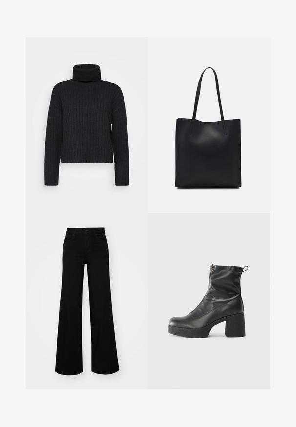 Black, ribbed knit turtleneck sweater with long sleeves and a relaxed fit. Features a high, folded collar and textured fabric.; Black wide-leg pants made of denim, featuring a structured waistband, belt loops, and front pockets. Smooth texture with a classic design.; Black ankle boots made of smooth leather, featuring a side zipper, chunky textured heel, and rounded toe design.; Black leather tote bag with smooth texture, rectangular shape, and two long handles. No visible hardware or embellishments.