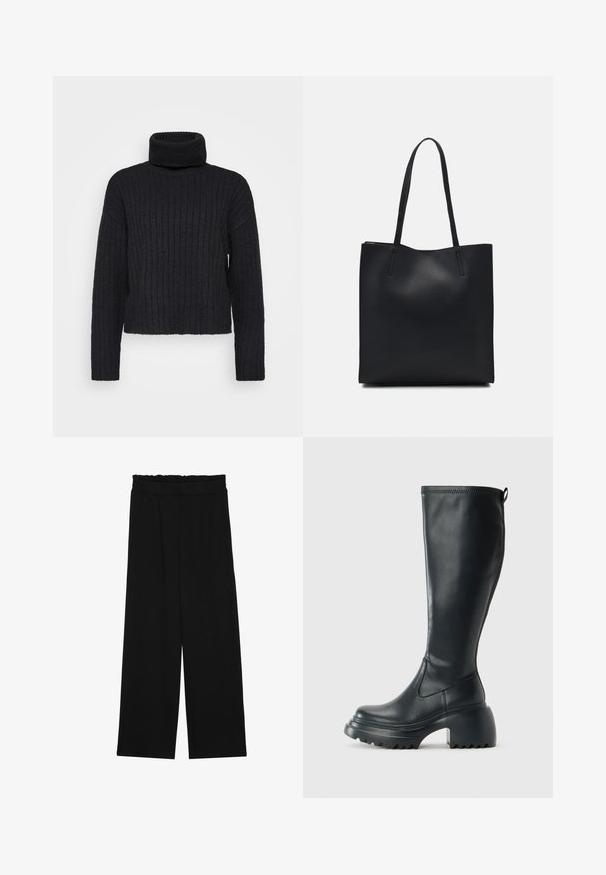 Zwarte, geribbelde trui met col en lange mouwen in een ontspannen pasvorm. Heeft een hoge, opgevouwen kraag en een gestructureerde stof.; Zwarte wijde broek met een gerimpelde tailleband, voorzien van twee zijzakken en een soepele, lichte stof. Geen zichtbare patronen of hardware.; Hoge zwarte leren laars met een chunky plateauzool en blokhak, voorzien van een trekband en een gestructureerd profiel op de buitenzool.; Zwarte leren handtas met een gladde textuur, rechthoekige vorm en twee lange handvaten. Geen zichtbare hardware of versieringen.