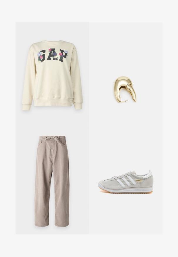 GAP HERITAGE - Sudadera - off white; Pantalones de pana beige de corte holgado, con cinturilla ajustable, dos bolsillos frontales y textura de canalé vertical.; Zapatilla de color gris claro hecha de ante y malla, con tres franjas blancas, punta redonda y suela de goma. Acento en logo dorado cerca de los cordones.; Pendiente de metal en tono dorado con un diseño elegante y curvado. Presenta una forma puntiaguda distintiva, superficie pulida y cierre de bisagra.