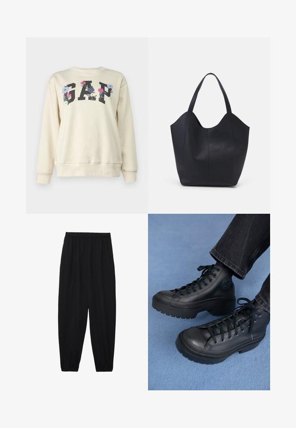 GAP HERITAGE - Ikdienas džemperis - off white; Melnas, vieglas bikses ar elastīgu jostu un savilktiem potītiem. Audums ir gluds un to raksturo brīva, sašaurināta forma.; Melni līdz ceļiem sporta apavi, kas izgatavoti no gludas ādas, ar apaļu purngalu, biezām gumijas zoles un melnām auklām. Sānos ir logotipa uzlīme.; Melnas rokassomas, kas izgatavota no gludas ādas, ar izliekto atvērto augšu, divām plecu jostām un minimālistisku dizainu.