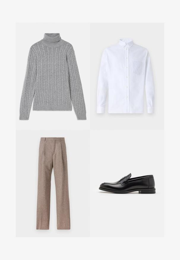 Pilkas megztinis su aukštu kaklu, pagamintas iš tekstūrinio mezginio, su kabelių raštu, ilgomis rankovėmis ir goniu bei apykakle su raukšlėmis.; Balta ilga rankovė mygtukų marškiniai, pagaminti iš medvilnės, su krūtine kišene ir toniniu siuvinėjimu, apykakle ir mygtukų apvadu.; Rudos, aukšto liemens kelnes, pagamintas iš tekstūruotos medžiagos. Plati kojos, dvi priekinės klostės struktūrai. Tvarkingas apdailos darbai, be matomų detalių.; Juodos odinės loafers, turinčios lygų paviršių, apvalią noselę ir dekoratyvinę juostą per priekinę dalį. Žemas krentantis kulnas, minimalistinis dizainas.