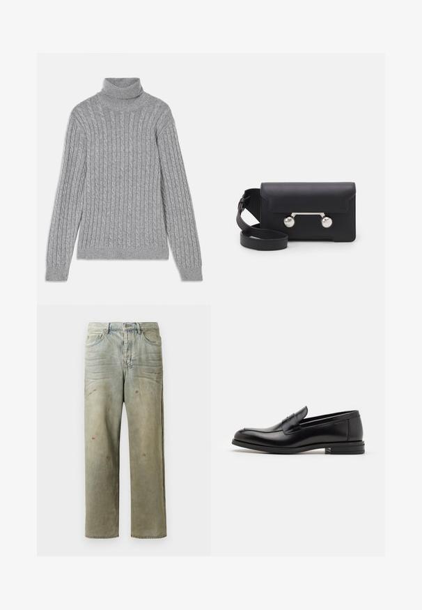 Pilkas megztinis su aukštu kaklu, pagamintas iš tekstūrinio mezginio, su kabelių raštu, ilgomis rankovėmis ir goniu bei apykakle su raukšlėmis.; Šviesiai žaliai nuvarytos džinsinės kelnes, su tiesiomis kojomis, penkių kišenių dizainu, nelygiai blukščiantis ir su dažų lašeliais.; Juodos odinės loafers, turinčios lygų paviršių, apvalią noselę ir dekoratyvinę juostą per priekinę dalį. Žemas krentantis kulnas, minimalistinis dizainas.; Juodas odinis kryžminis krepšys su sklendės uždarymu, sidabro spalvos detalėmis ir dviem apvaliais akcentais. Yra nusiimamas diržas. Lygus paviršius.